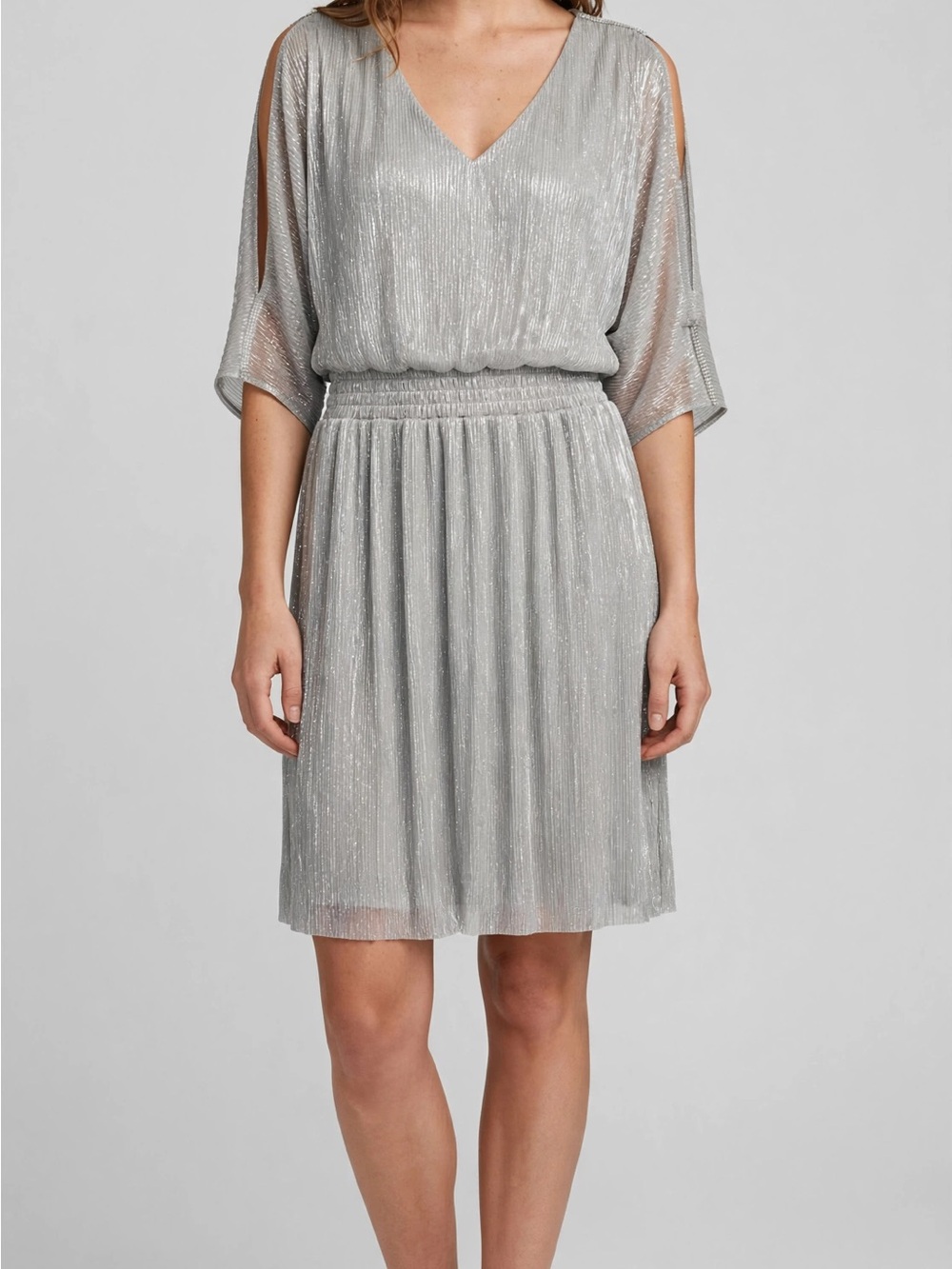 MSK Silver Metallic V-Neck Midi Dress